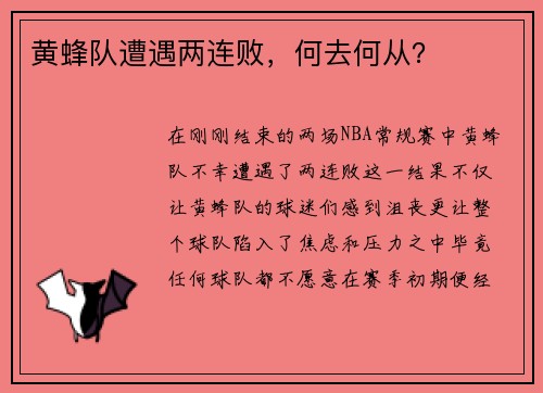 黄蜂队遭遇两连败，何去何从？